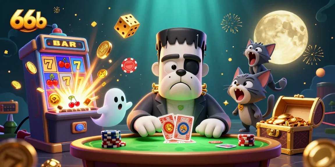 Savor immense excitement with 66b as a Frankenstein bulldog deals cards at a lively casino tabletop.