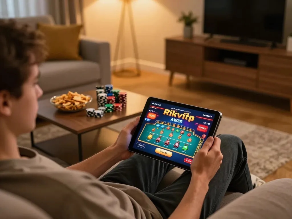 Engaged player enjoying a casino game on the Rikvip platform from home, celebrating strategic gameplay.