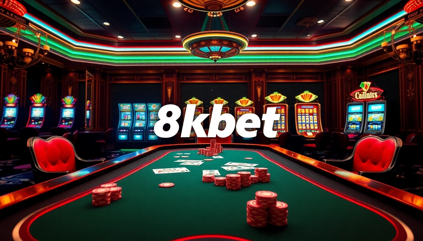 Experience the excitement of 8kbet with a vibrant, luxurious casino setting featuring poker cards and colorful chips.