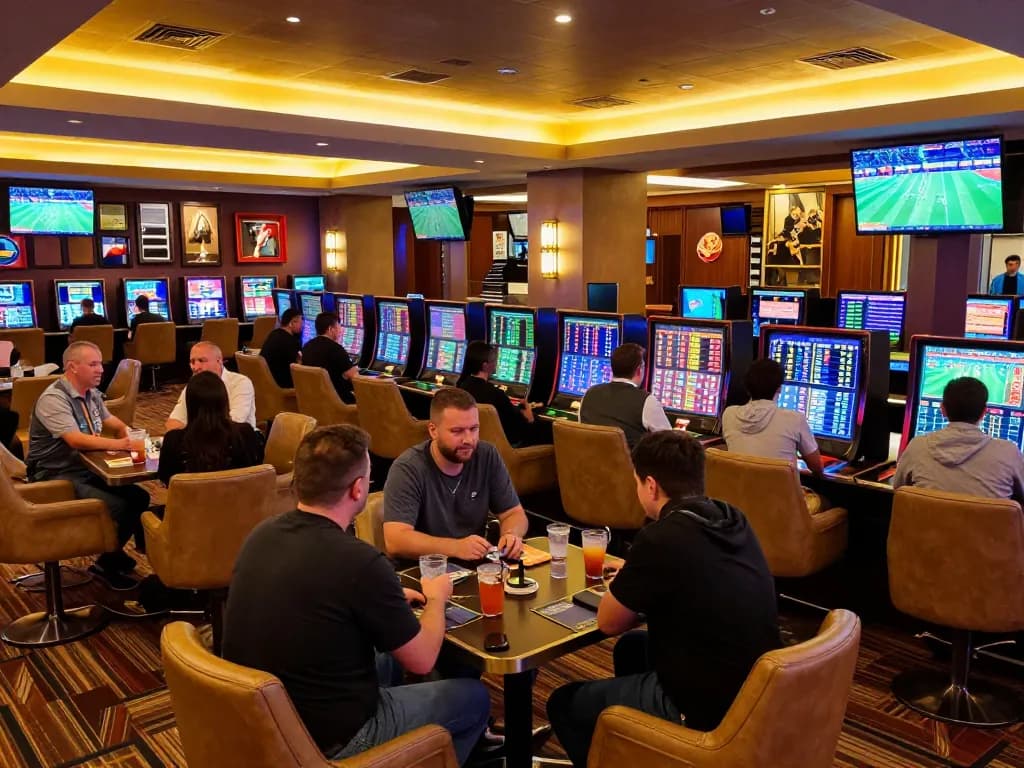 RR 88 sports betting lounge displaying live games, engaged bettors celebrating wins and analyzing odds.