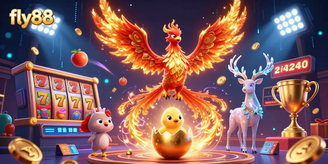 fly88 showcases a fire phoenix and mystical stag in a vibrant casino scene filled with slot symbols and gold coins.