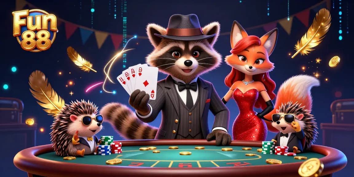 Experience thrilling moments at Fun 88 with a raccoon, fox, and hedgehog in a dynamic casino scene.