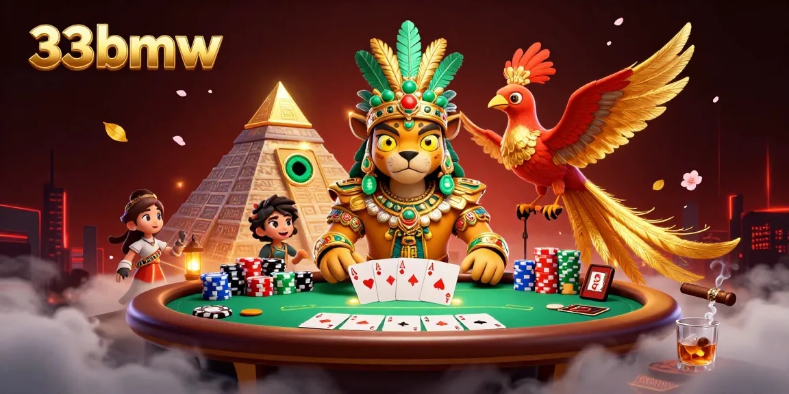 Engage with thrilling poker action at 33bmw, featuring vibrant casino designs with Mayan characters and poker elements.