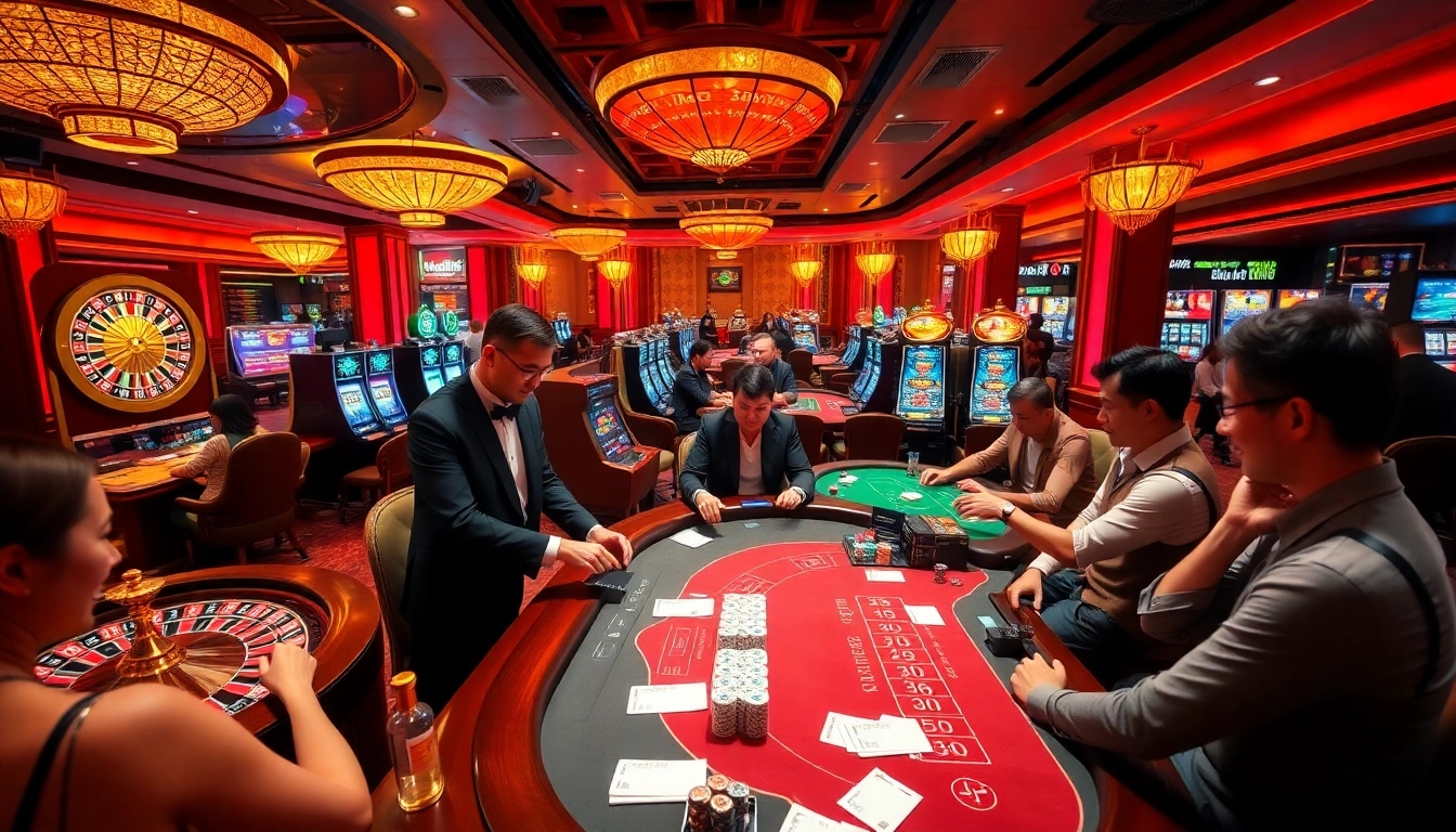 Players enjoying thrilling games at TV88 casino, featuring roulette and poker tables.