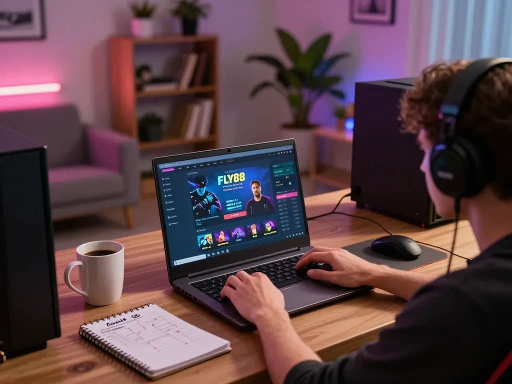 Engaging moment with FLY88 gaming on a laptop, showcasing strategic gameplay setup in a cozy home environment.