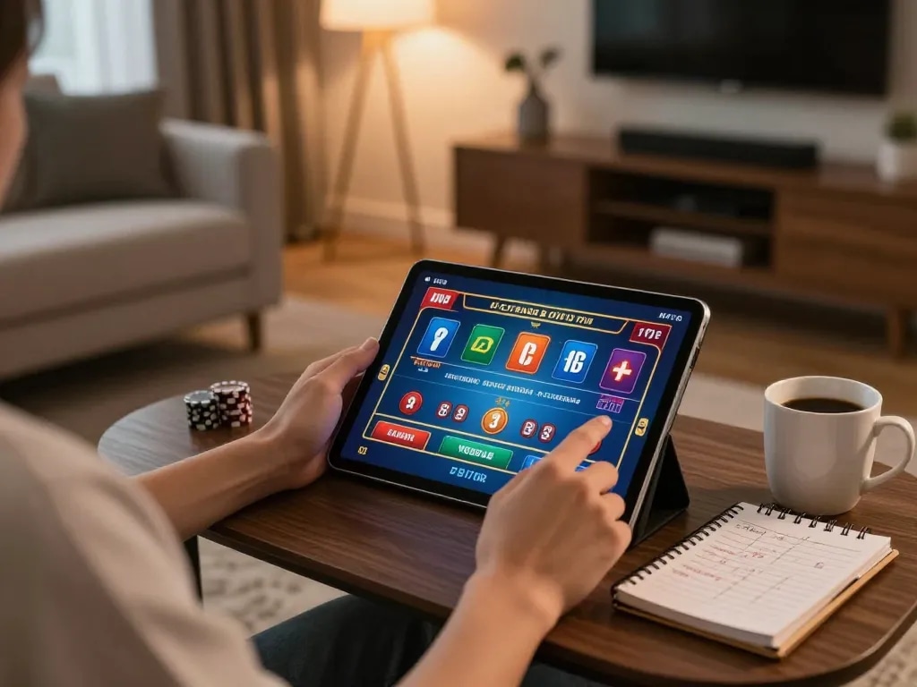 Player engaged with sv368 online casino app on a tablet, cozy home environment.