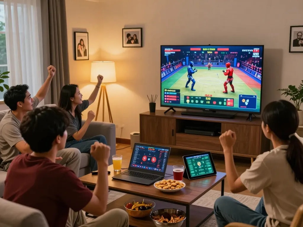 Friends engaged in a thrilling Đá gà thomo live stream at home, watching the fight on a large screen.