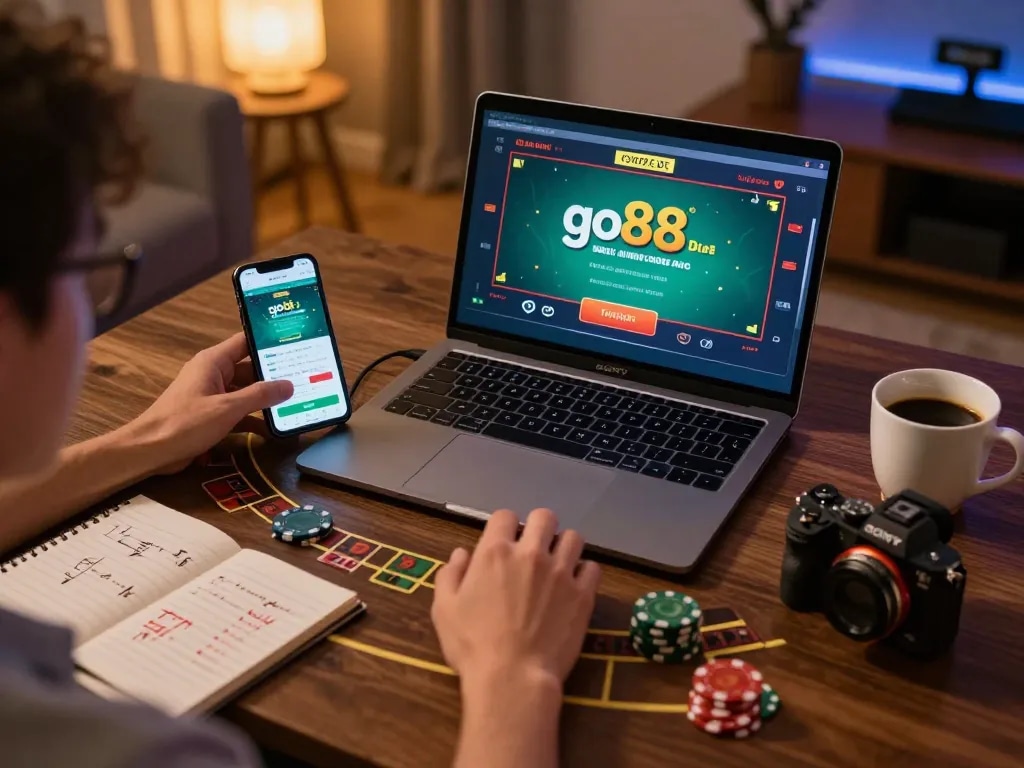 Player engaging in go88 online gaming, showcasing laptop with blackjack game interface and betting strategies.