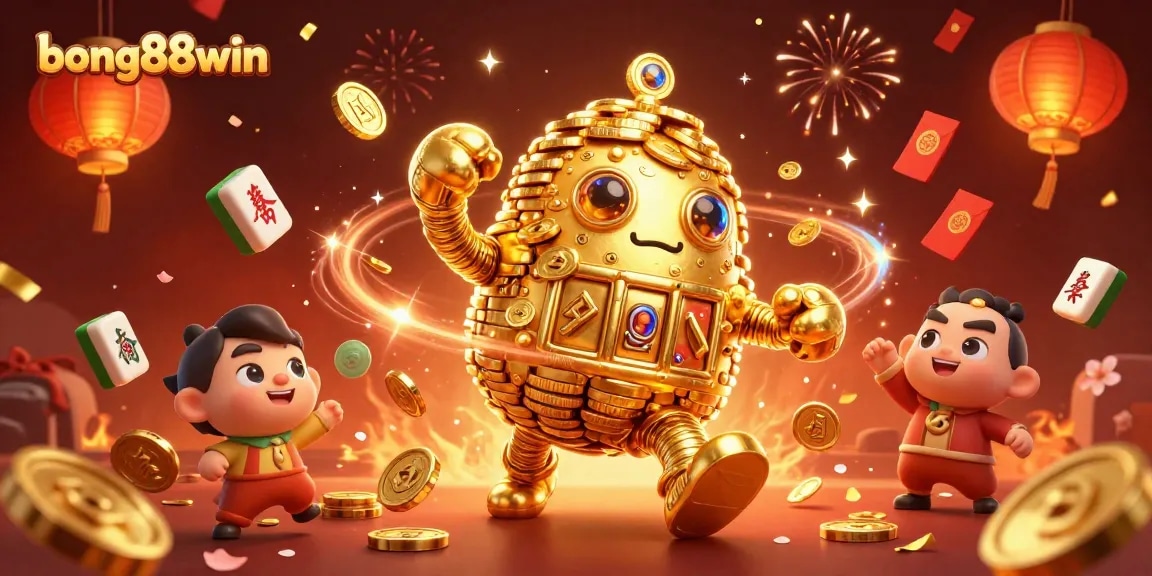 Play and win at bong88win with an engaging 3D golden golem alongside festive casino elements.