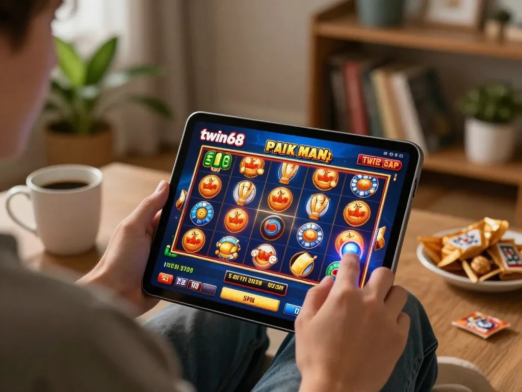 Player enjoying the twin68 casino app on a tablet, with vibrant slots displayed, cozy home gaming activity.