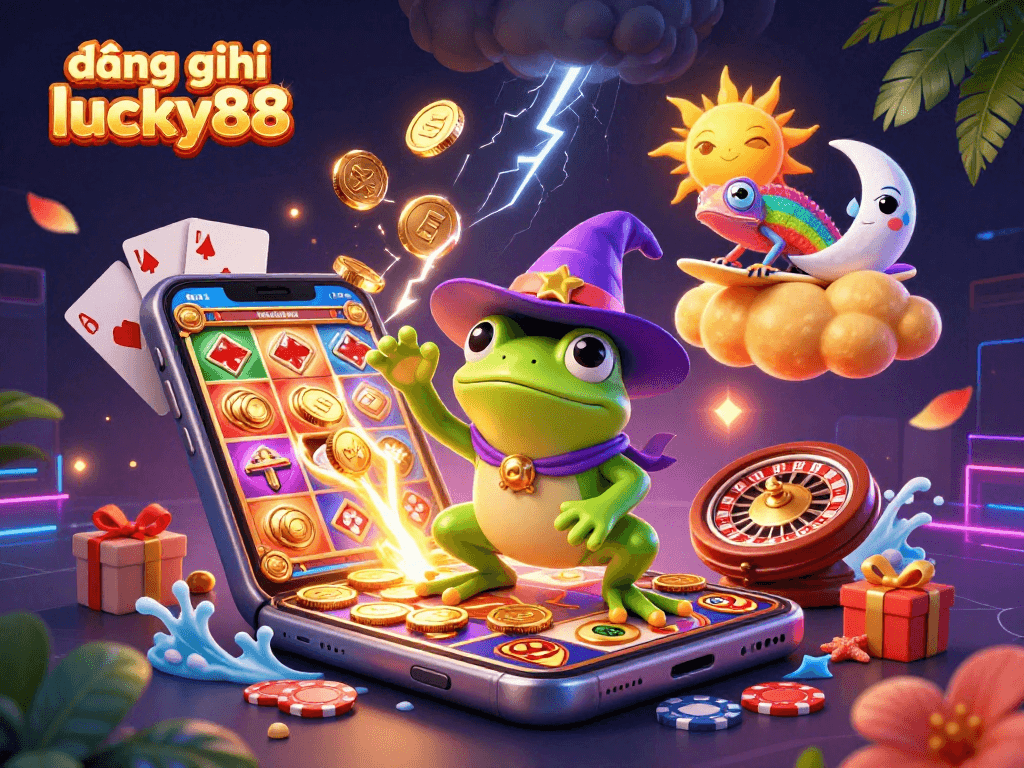 Win exciting jackpots đăng ký lucky88 with a vibrant 3D cartoon casino scene featuring colorful slots and lucky characters.