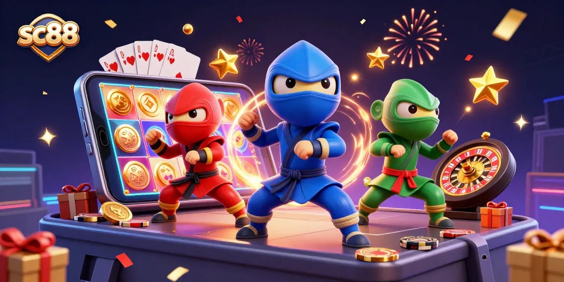 Join the action at sc88 with a team of ninja chameleons showcasing intense gaming skills amidst vibrant slot machines and casino elements.