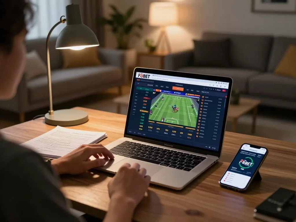 Engaged bettor analyzing F8BET odds at home, showcasing responsible gaming