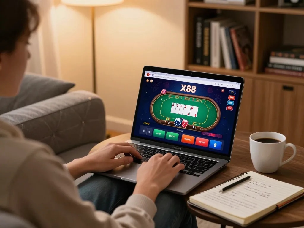 Engaged player exploring the X88 online casino on a laptop, showcasing vibrant poker interface and strategic notes.
