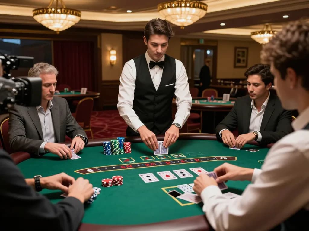 Players engaging in a strategic game of blackjack with Dwin technology in a luxurious casino setting.