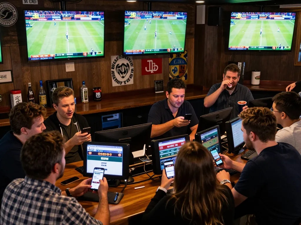 Patrons engaging in sports betting and checking the 188bet link on their smartphones in a lively sports bar.