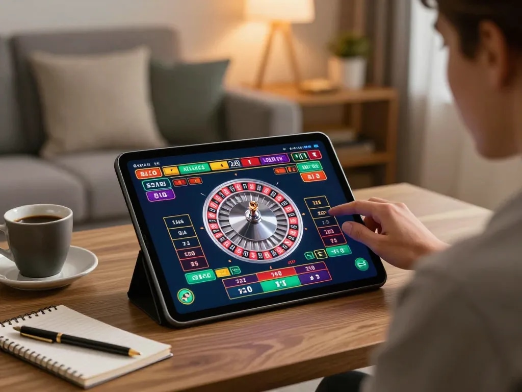Player enjoying an online kkwin roulette game on a tablet in a stylish home setting.