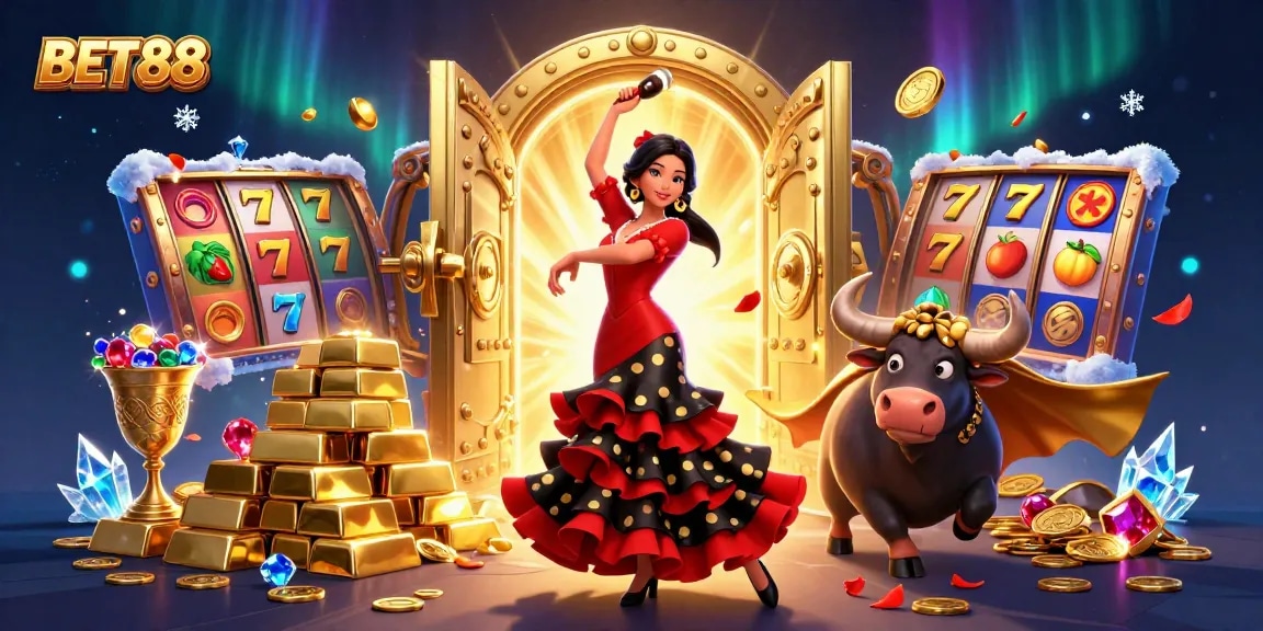 Experience the thrill of BET88 with vibrant slot reels and treasures in a dynamic casino scene.