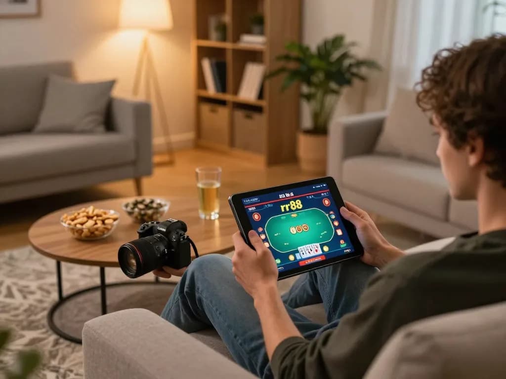 Engaging online gaming experience at rr 88, highlighting strategic play on tablet amidst cozy home setting.