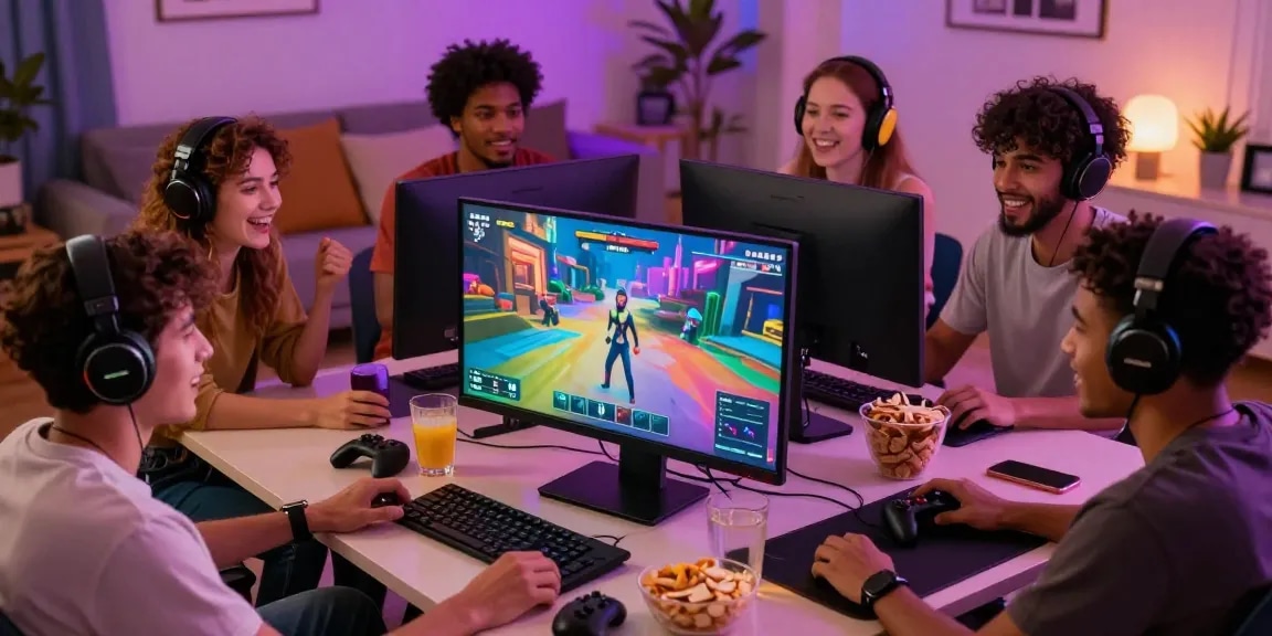 Friends enjoying multiplayer game sex in a cozy gaming space with immersive visuals.