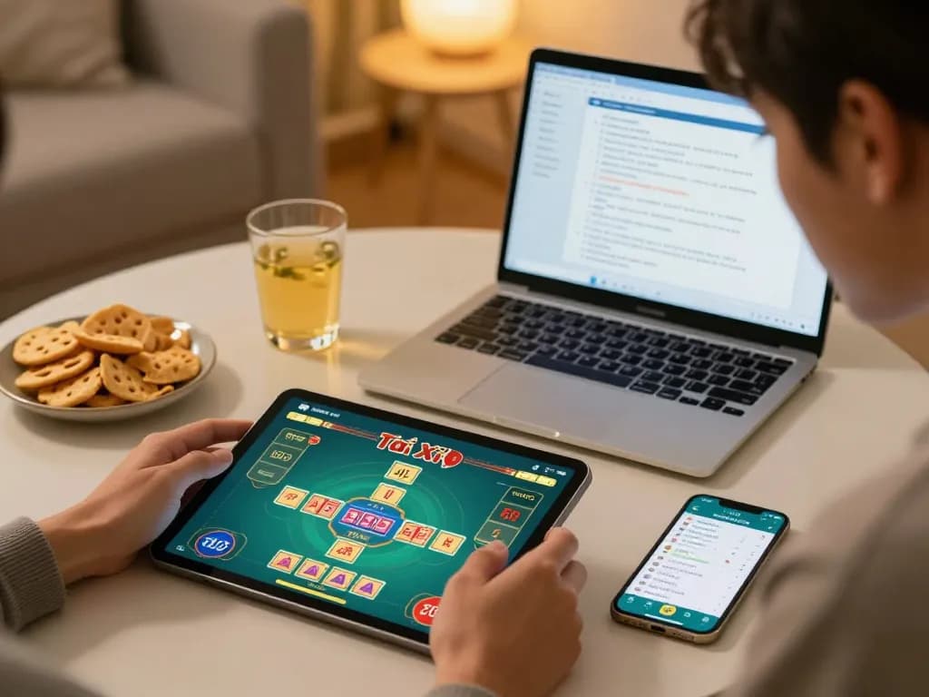Player engaging with the app tài xỉu online on a tablet, enjoying cozy home gaming.