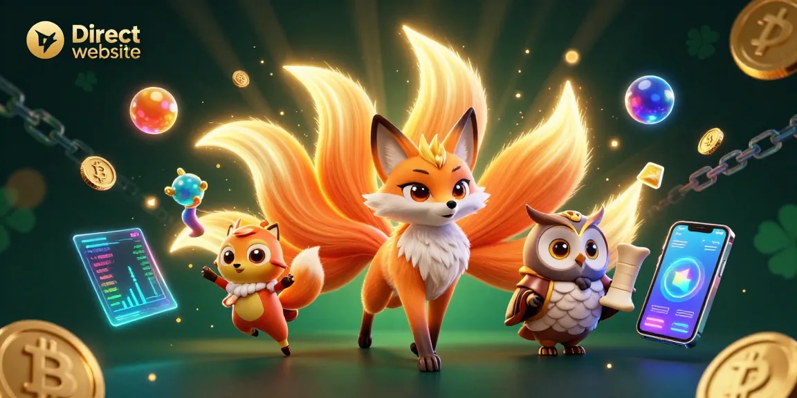 Spin the reels with the vibrant Direct website, featuring a nine-tailed fox and wise owl amidst flashing cryptocurrency elements.