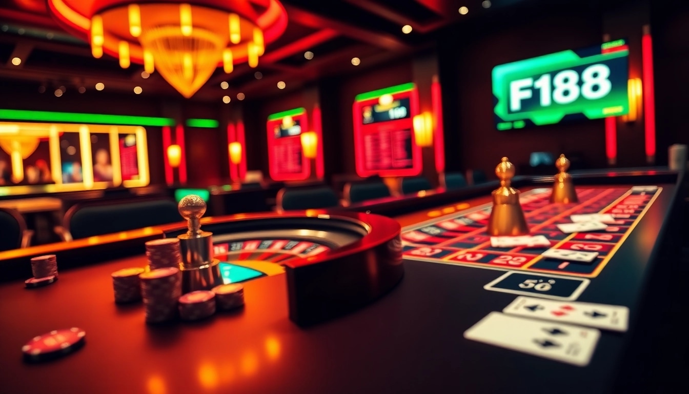 Experience the thrill of F168 casino gaming with vibrant neon lights and engaging roulette action.