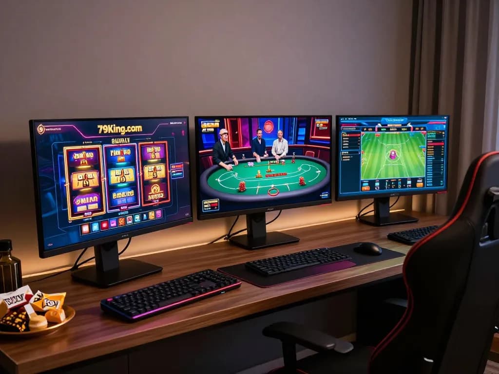 Experience online gaming excitement with 79king.com featuring multiple gaming screens and a cozy setup.
