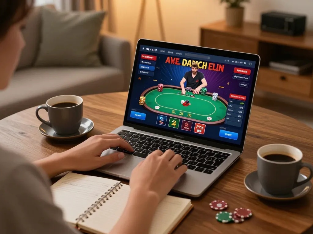 Engaging poker gameplay at home featuring person betting on the TR88 platform
