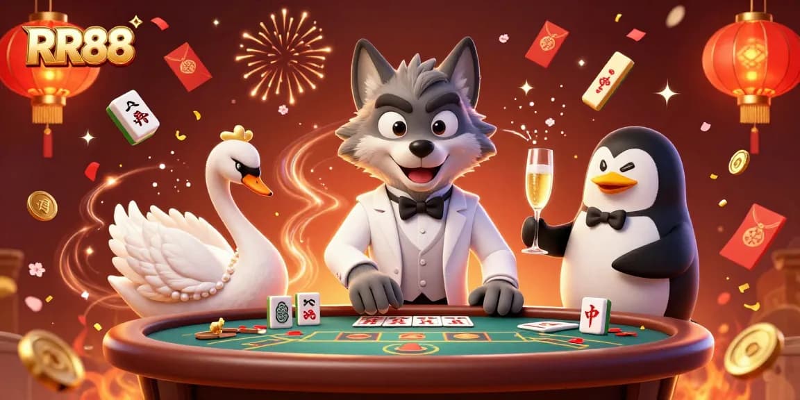 Play at RR88's vibrant casino scene with a debonair wolf, elegant swan, and sophisticated penguin.