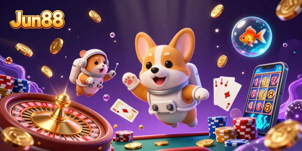 Experience thrilling fun at Jun88 with this visually immersive 3D casino space scene.