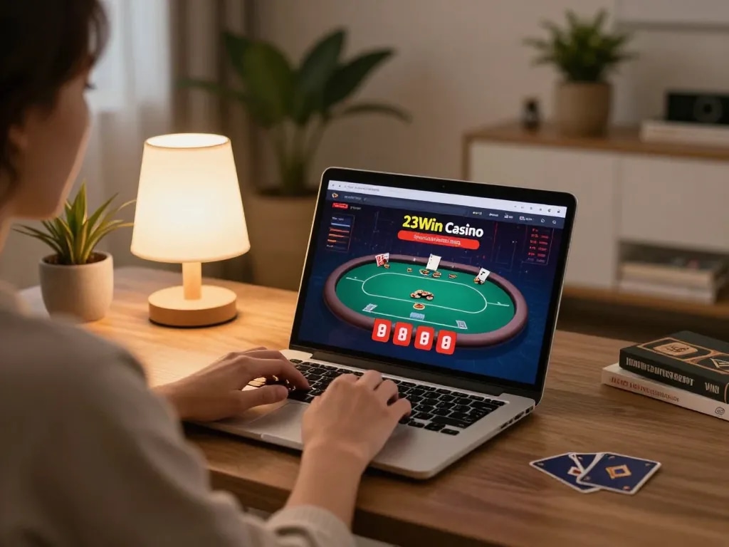 Playing poker on 23Win Casino with cozy online setup and warm lighting.