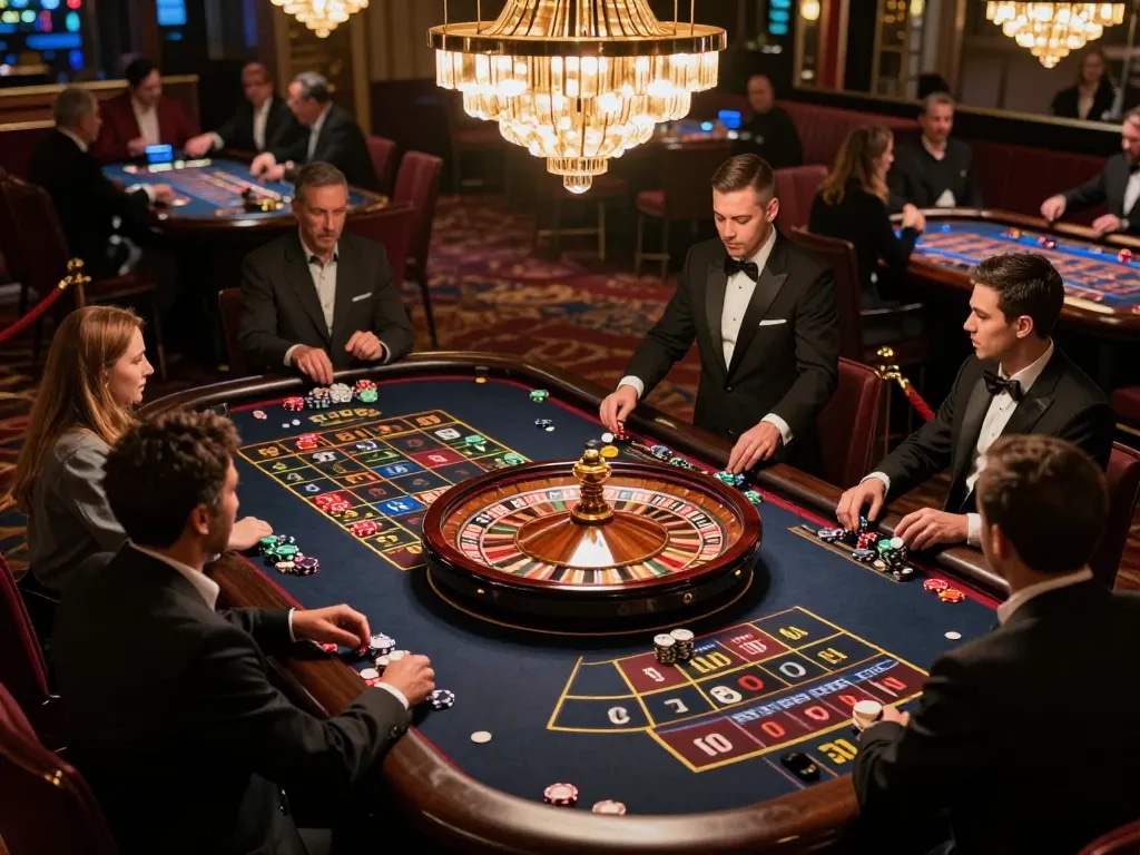 Nohu90s players placing bets at a roulette table during an exciting casino night.