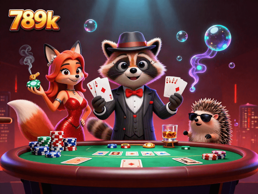 Experience thrilling poker action at 789k with a raccoon, fox, and hedgehog in a vibrant casino scene