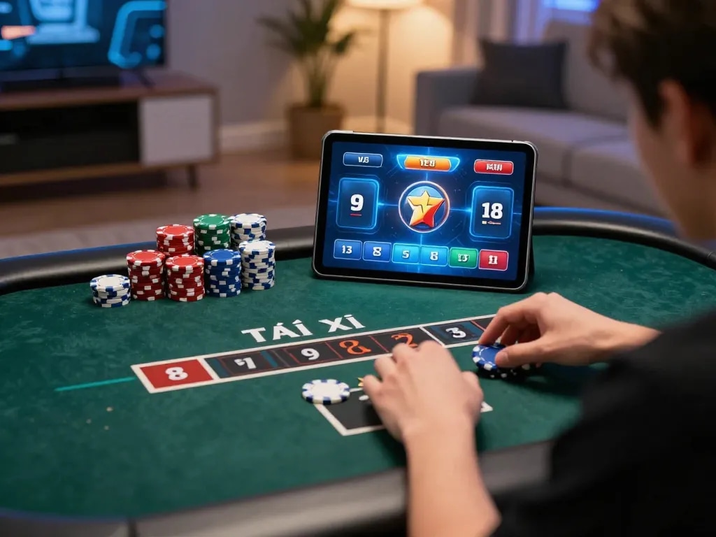 Tài xỉu online gameplay in a vibrant home setting showcasing tablet and chip stacks.