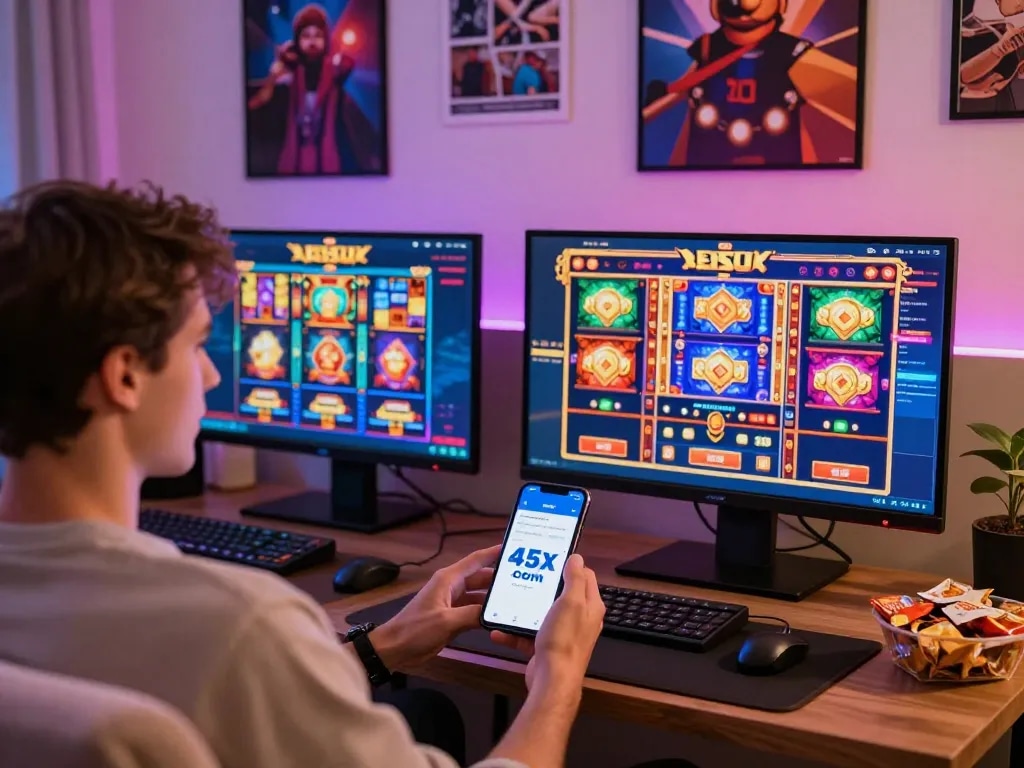Engaging gaming scene showcasing 45x .com platform with user interacting and vibrant graphics.