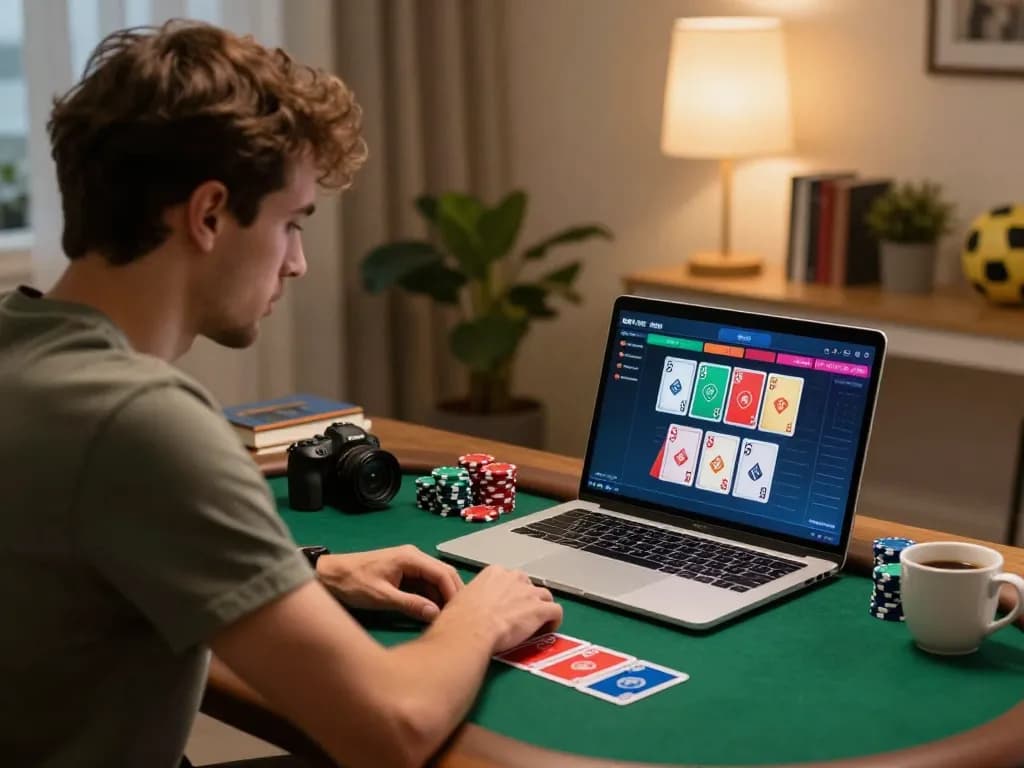 Engaged player strategizing in an online poker game on 789win laptop in a cozy home office setting.