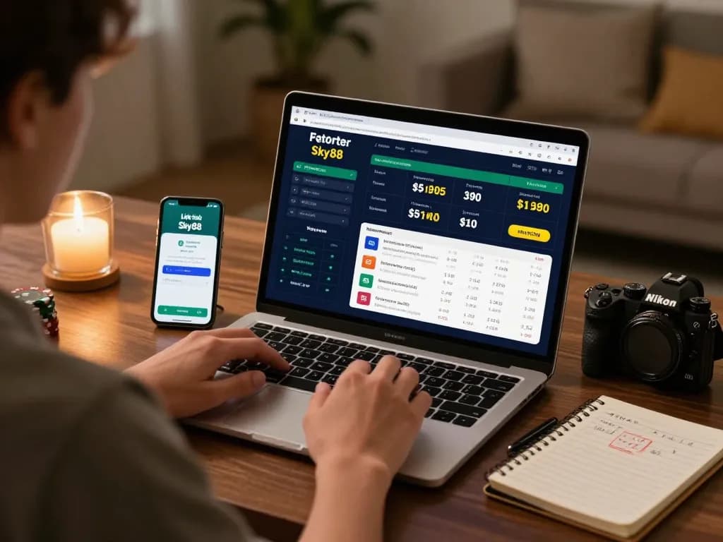 Placing bets with the Link mới Sky88 app on a modern laptop, showcasing online wagering.