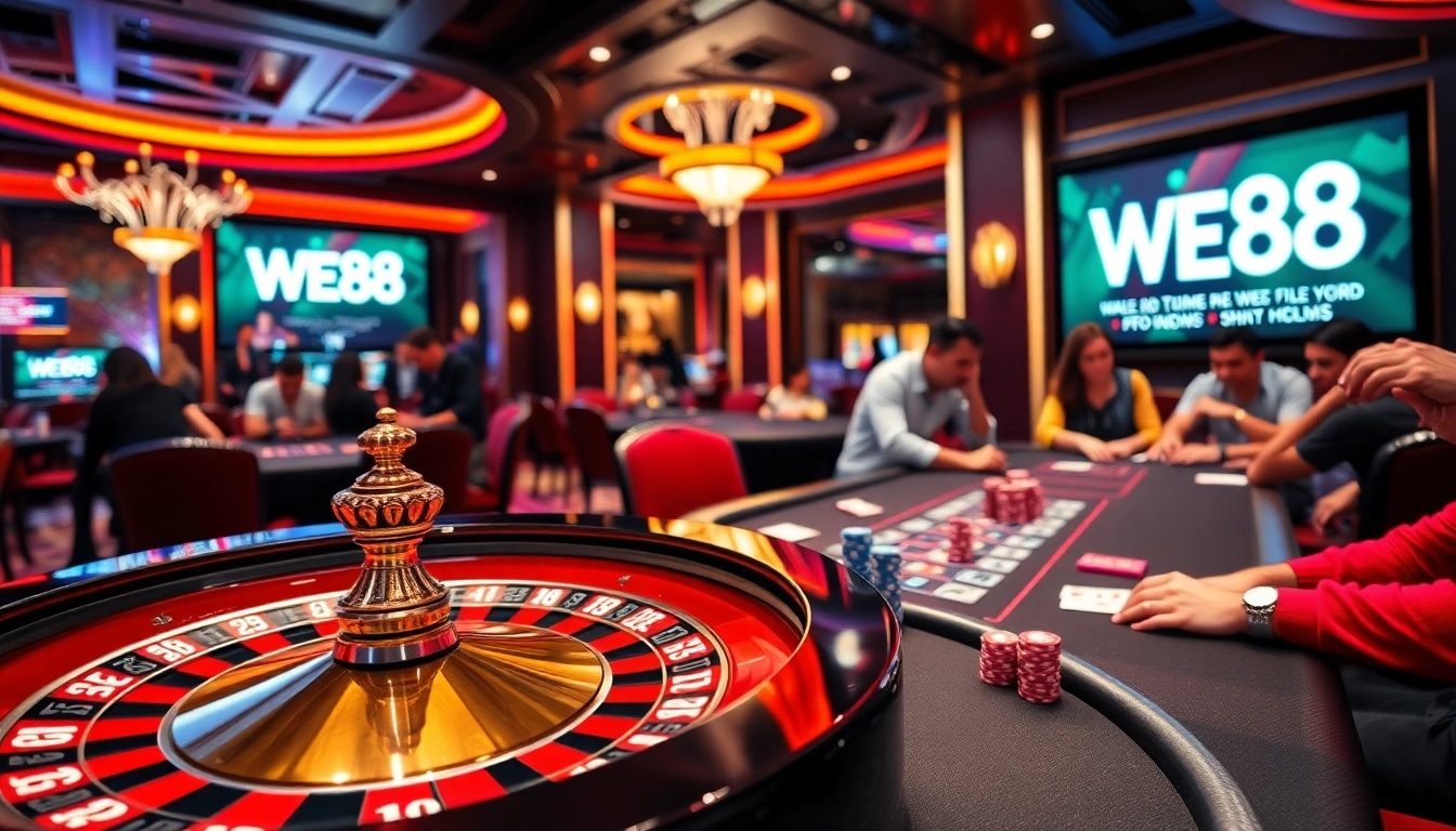 WE88 casino scene highlighting poker action and roulette excitement.