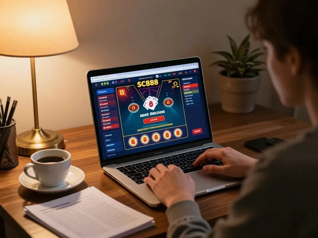 Engaging SC888 player strategy at home with laptop showing live dealer game