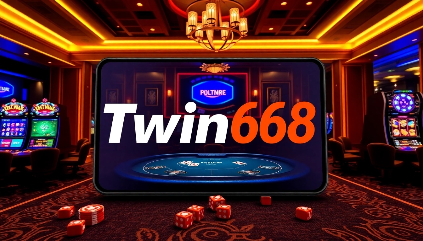 Experience online gambling with Twin68 apk showcasing vibrant slot machines and poker tables.