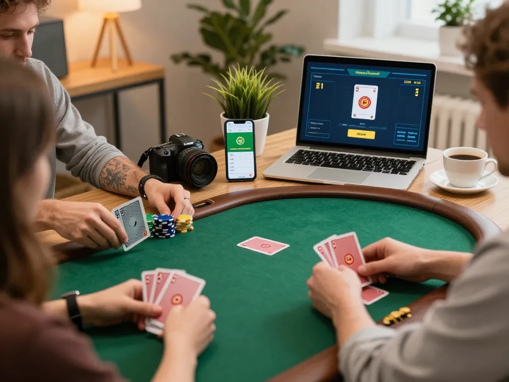 Engaging players using RR99 COM app during an online poker game in a cozy home setting.