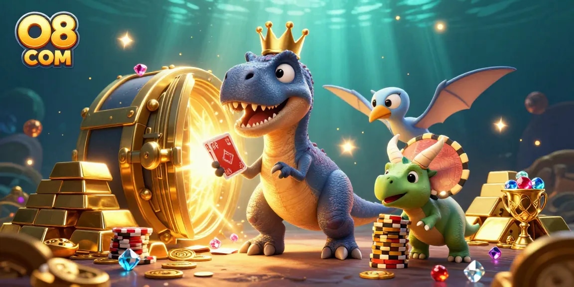 Experience the thrilling world of O8 COM with a cartoon dinosaur card player and vibrant casino elements.
