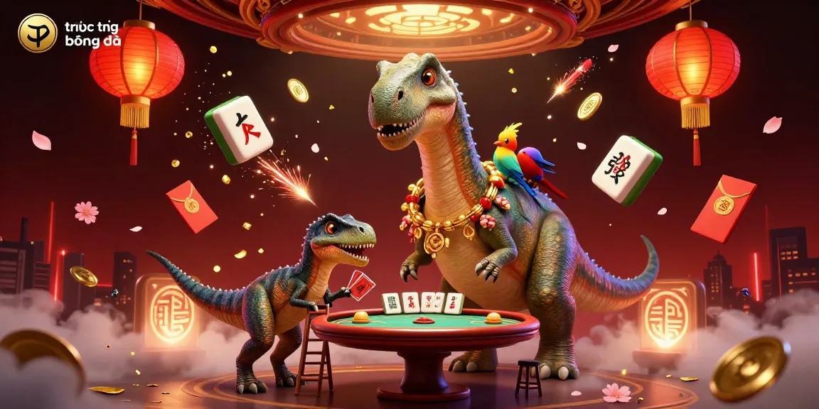 Experience trực tiếp bóng đá in a vibrant 3D scene with colorful characters, mahjong tiles, and casino elements.