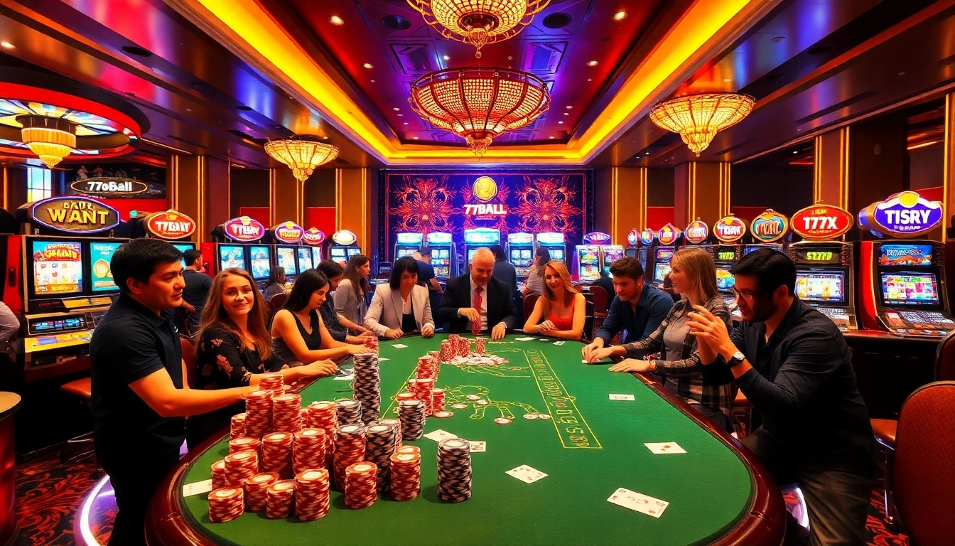 77BALL players enjoying an exciting game with vibrant casino elements and colorful chips