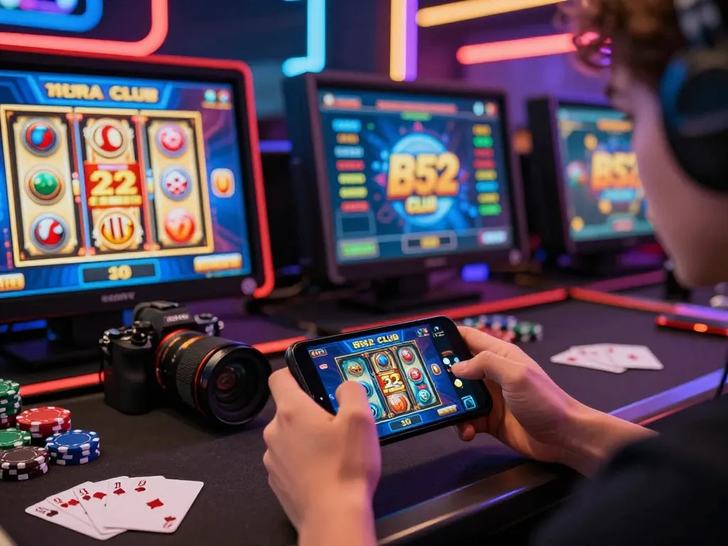 Playing B52Club tải game on mobile with vibrant gaming elements in a modern setup.