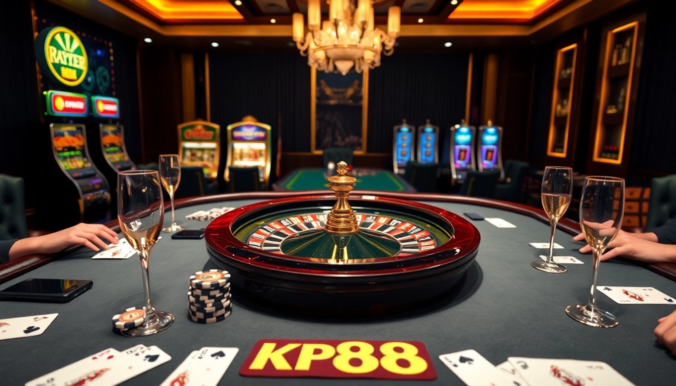 Experience excitement at KP88's luxurious casino with a vibrant poker table and slot machines.