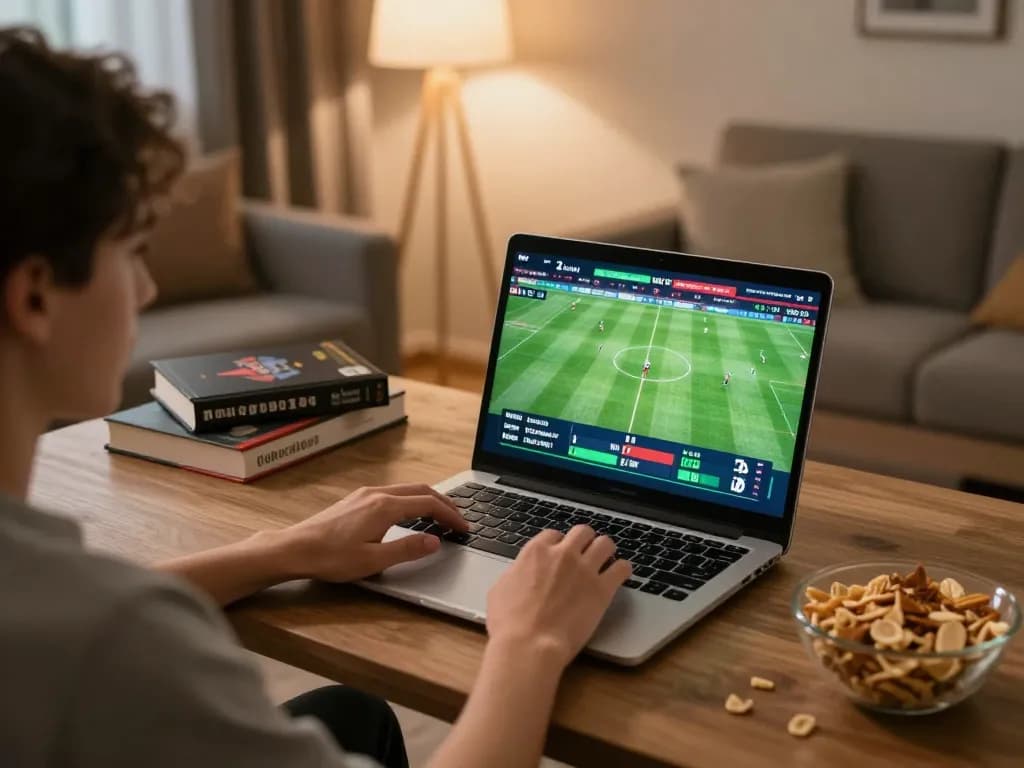 Person engaging in online sports betting at home using fabet, laptop displaying live odds and snacks on table.