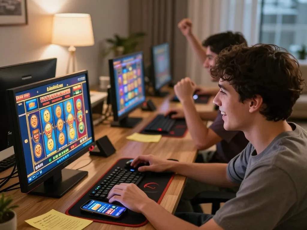 Players celebrating wins while engaging in nổ hũ online casino games on multiple screens.