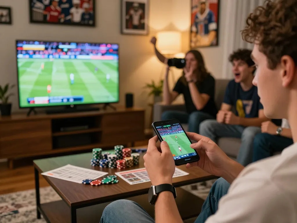 Nowgoal user placing live sports bets while enjoying a match with friends at home